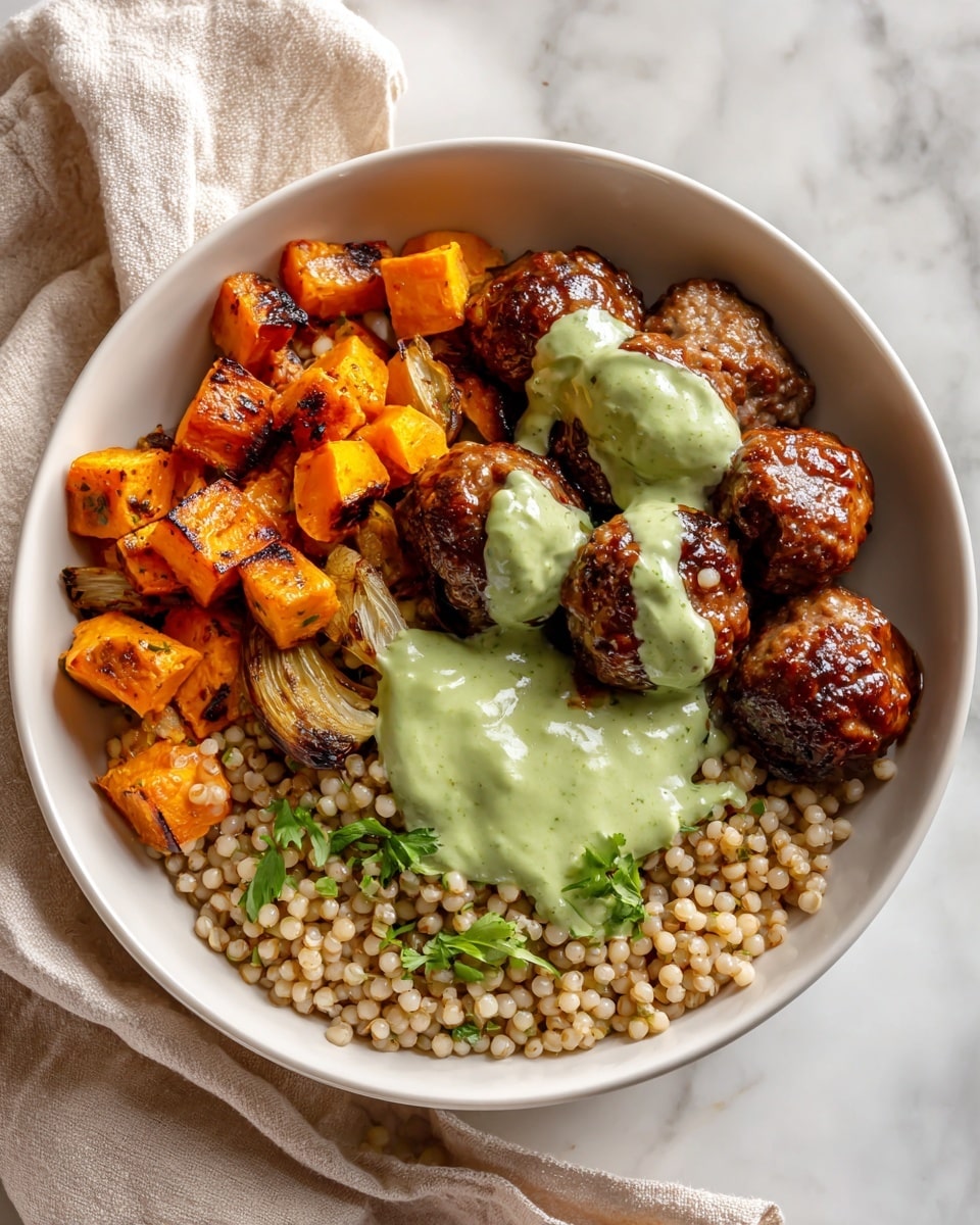 A white bowl holds a meal arranged in three main sections. On the bottom is a layer of small, light beige grains with a rough texture. On one side, there are bright orange, cubed roasted vegetables with slightly charred edges, stacked neatly. Next to the veggies are shiny, dark brown meatballs covered with a glossy sauce, arranged closely in two rows. Over the meatballs and part of the grains, a thick, creamy green sauce with a smooth texture is poured in a diagonal line. The bowl sits on a white marbled surface with a soft cloth nearby. Photo taken with an iphone --ar 4:5 --v 7