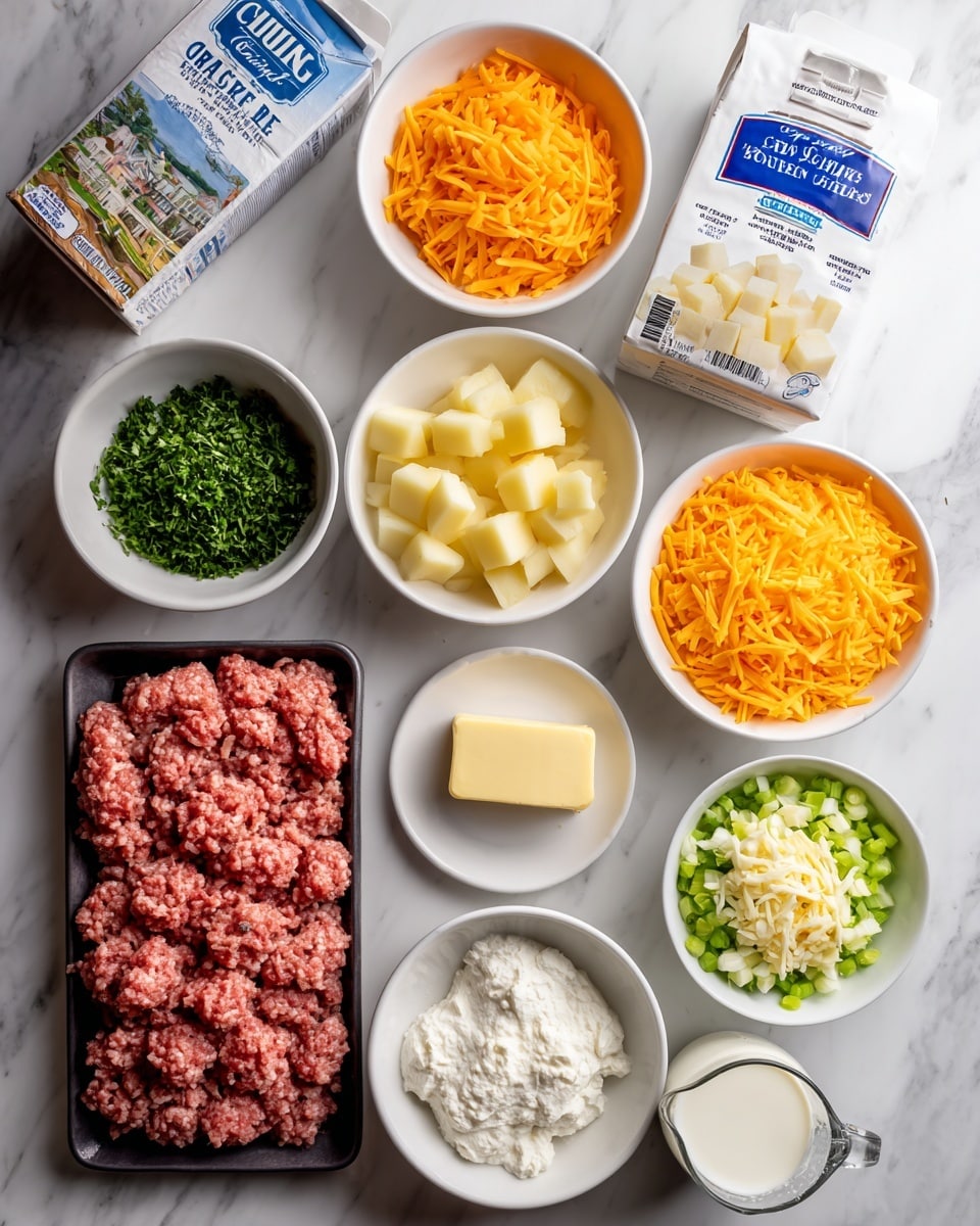 The image shows an overhead view of various ingredients arranged neatly on a white marbled surface. There are nine white bowls containing finely chopped carrots with an orange color, chopped parsley with a green texture, quartered yellow potatoes, finely chopped onions in the center, minced garlic with light beige color, shredded bright orange cheddar cheese, diced green celery, a small piece of butter on a white plate, and a small bowl of white flour. In the middle lies a black tray filled with raw ground sausage, showing a mix of red and white textures. To the left is a carton of chicken stock in a blue and white box, and to the right is a white package of sour cream with blue and red text, partially covering a glass measuring cup filled with milk and cream. The ingredients are clearly labeled with black text directly on the image. photo taken with an iphone --ar 4:5 --v 7