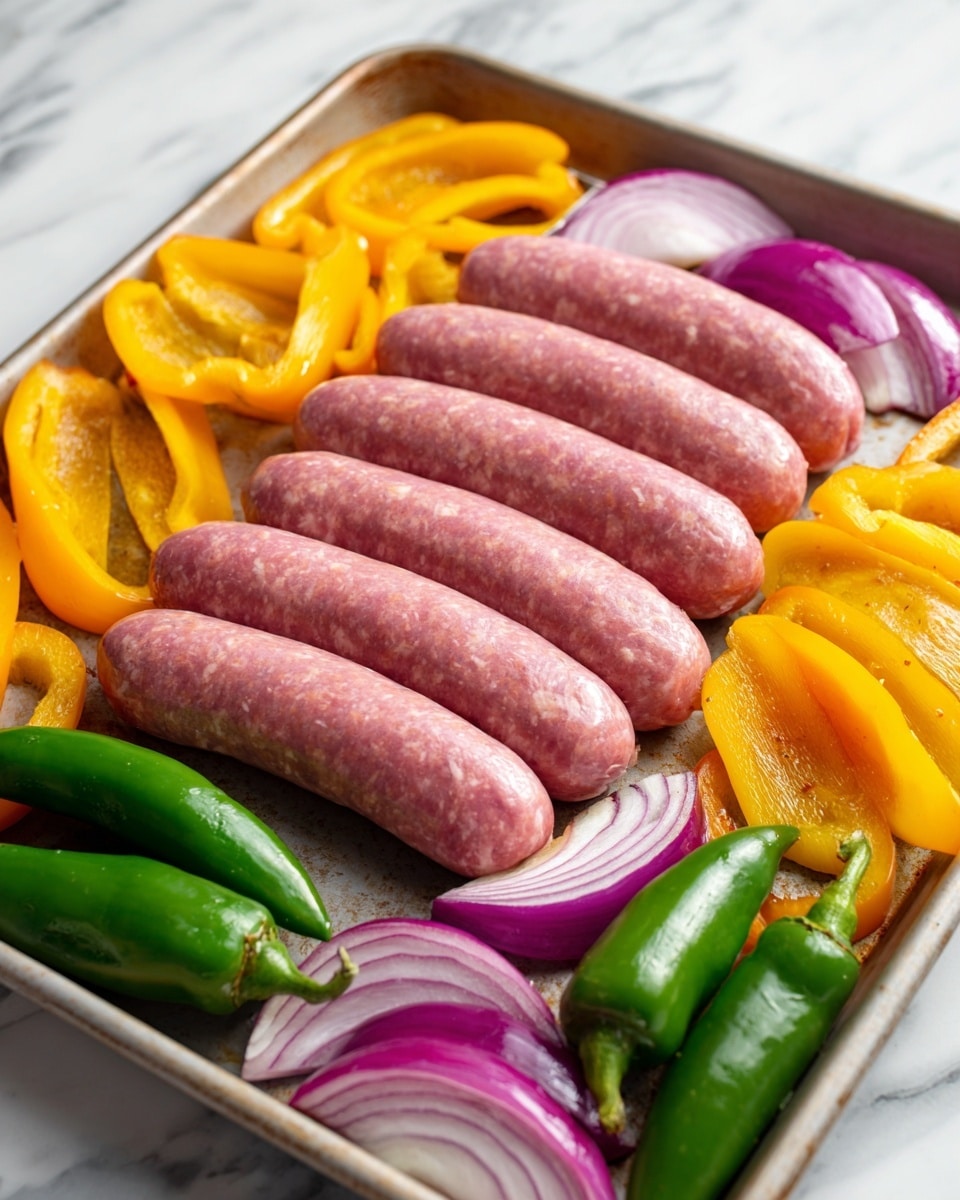 The image shows a metal baking tray filled with several raw sausages placed in two rows, each having a pink, smooth texture. Around and between the sausages, there are sliced yellow bell peppers with a shiny surface and whole green chili peppers that look smooth and firm. There are also some pieces of red onion, each with a shiny, layered texture and pale purple color, placed mostly in the corners and middle area of the tray. The baking tray sits on a white marbled surface. photo taken with an iphone --ar 4:5 --v 7