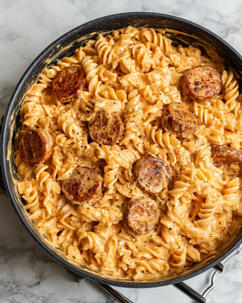 A white plate is filled with three distinct sections: the first contains spiral pasta mixed with reddish-brown sausage slices coated in a light sauce, giving a shiny texture; the second section shows roasted zucchini and yellow squash slices with a browned, slightly charred surface, piled loosely; and the third section has two soft, golden-brown crescent rolls resting side by side. The plate sits on a white marbled surface, and in the background, there is a pink cup with black lettering. Photo taken with an iphone --ar 4:5 --v 7