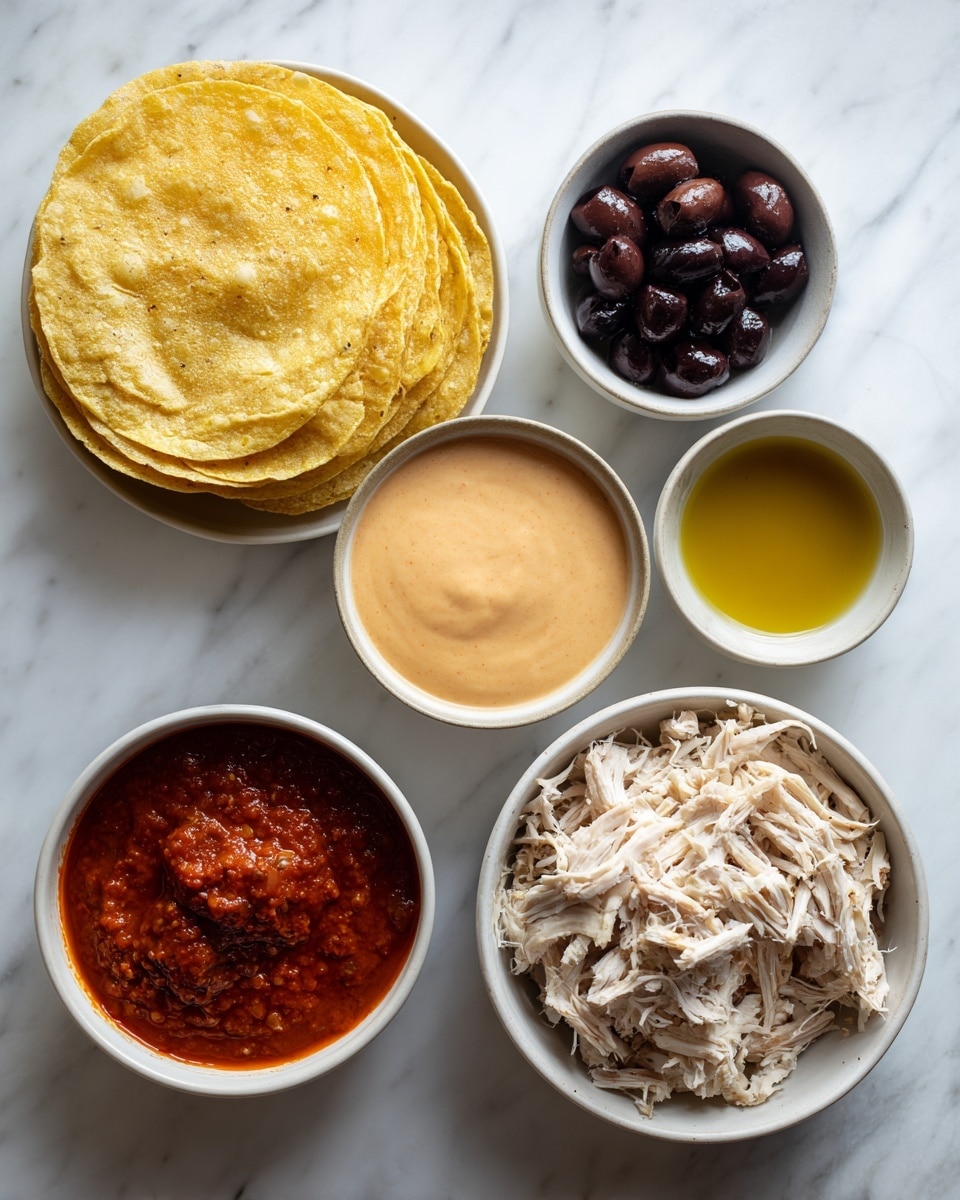 The image shows five white bowls placed on a white marbled surface. The top left bowl holds a stack of golden yellow corn tortillas, showing a rough texture and layered thickness. To its right, a smaller bowl contains dark, wrinkled olives. Below the olives, a medium bowl is filled with smooth, pale orange queso sauce, with a creamy texture and slight shine. On the bottom left, another bowl has deep red enchilada sauce with a thick liquid appearance. To the right, a larger bowl holds shredded chicken with a mix of white and light beige colors, soft and fibrous in texture. photo taken with an iphone --ar 4:5 --v 7