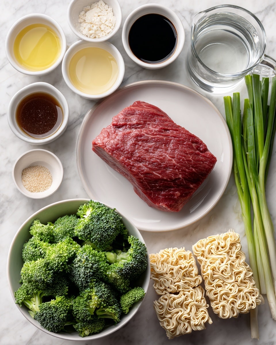 The image shows an arrangement of raw ingredients on a white marbled surface, each in separate white bowls or small containers. In the center, there is a thick piece of raw red meat on a white round plate. To the left, vibrant green broccoli florets fill a white bowl, and nearby are small bowls with light brown sauce, dark soy sauce, and light yellow liquid. Above the meat, a bunch of fresh green onions lies horizontally, and to the right, two blocks of instant ramen noodles rest on a white dish. A clear glass pitcher filled with water is placed to the top right. Additional ingredients like minced garlic, minced ginger, salt, and small amounts of oils and sauces are arranged neatly around the main items. Photo taken with an iphone --ar 4:5 --v 7