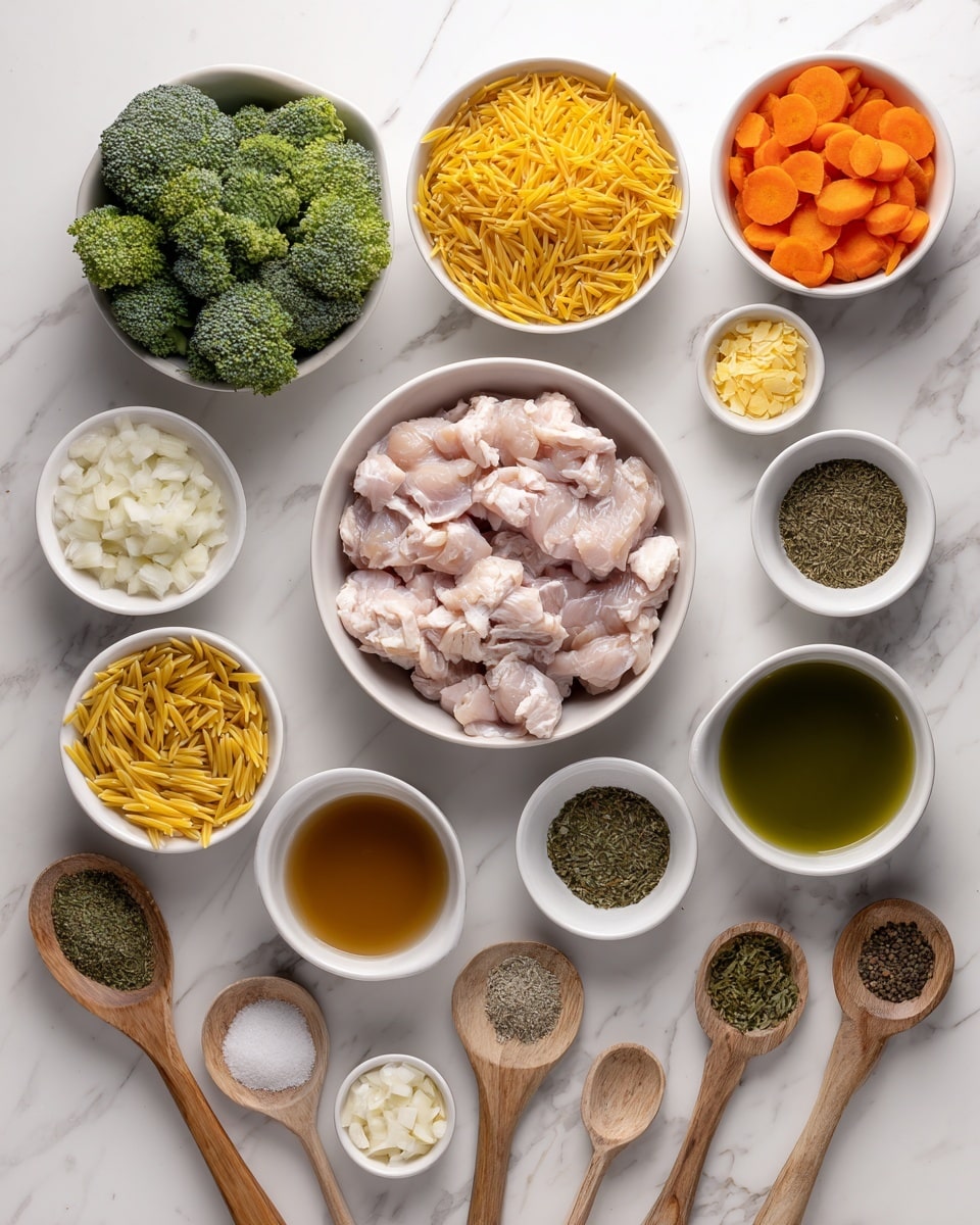 The image shows ingredients neatly placed in small white bowls and wooden spoons arranged on a white marbled surface. In the center, there is a bowl full of light pink chicken pieces surrounded by bowls holding green broccoli florets, orange carrot slices, and yellow orzo pasta. Around these, there are small white bowls containing light brown chicken broth, bright green olive oil, white shredded cheddar cheese, and white parmesan cheese. Scattered wooden spoons hold white salt, black pepper, and white garlic. Additional small bowls and spoons contain white diced onions, beige onion powder, beige garlic powder, dark green dried parsley, dark green bay leaf, and light brown dried thyme. The setup is colorful, organized, and ready for cooking. Photo taken with an iphone --ar 4:5 --v 7