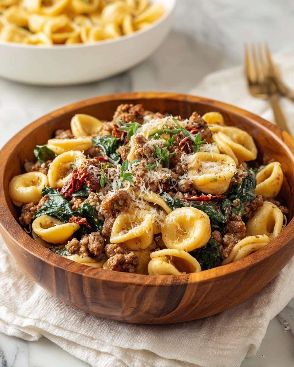 A wooden bowl filled with a pasta dish showing three main layers: the first layer consists of golden yellow orecchiette pasta with a smooth texture; the second layer has crumbled browned meat mixed with dark green wilted spinach leaves; the third layer includes red sun-dried tomato pieces scattered throughout. A light dusting of grated cheese and small green herb sprigs rest on top, with the whole dish coated in a rich, creamy sauce. The bowl sits on a white cloth napkin on a white marbled surface, and in the background, a white bowl with more pasta is partially visible. Photo taken with an iphone --ar 4:5 --v 7