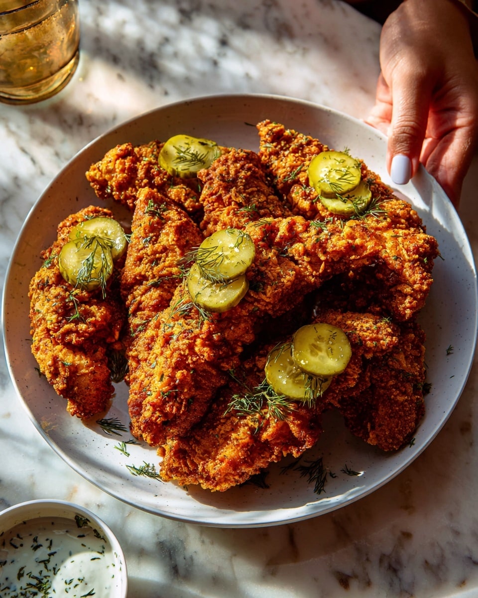 The image shows a white plate filled with several golden-brown crispy chicken tenders, each piece textured with a crunchy, reddish coating. On top of the chicken, there are round, green pickle slices with visible dill sprinkled over them. The chicken tenders have a slightly uneven surface, indicating a crunchy crust, and some green herb garnishes scattered across. In the background, there is a small white bowl of white dipping sauce with green herbs mixed in. The setting is on a white marbled surface with warm natural lighting, and a woman's hand is reaching toward the plate. photo taken with an iphone --ar 4:5 --v 7