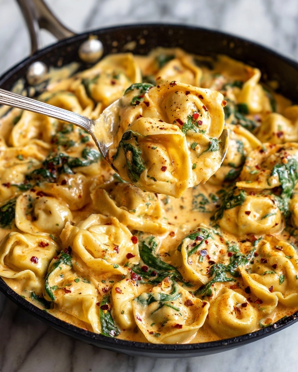 This image shows a black skillet filled with about two layers of tortellini pasta covered in a creamy orange sauce. The pasta has a soft, plump shape with some browned spots on the edges. Mixed throughout the tortellini are fresh green spinach leaves that add a bright contrast. The sauce has thick, smooth texture with visible small red pepper flakes and herbs, giving it a slightly speckled look. A silver spoon is lifting several tortellini from the skillet, showing the sauce dripping slightly off the pasta. The whole scene is set on a white marbled surface. Photo taken with an iphone --ar 4:5 --v 7
