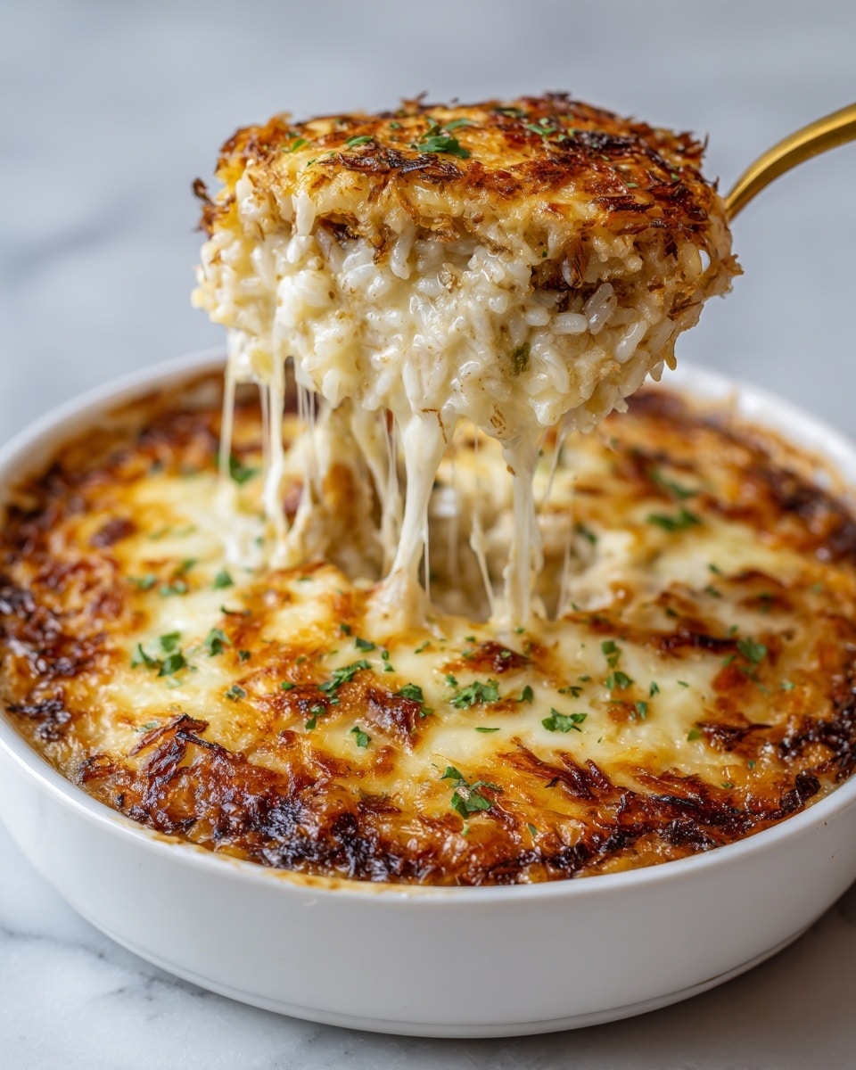 A white bowl filled with creamy, soft, and slightly stringy mashed potatoes as the base layer, topped with evenly spread golden brown, crispy fried onion strings. Small pieces of green herbs are scattered over the mashed potatoes, adding a touch of color. A golden spoon lifts a portion from the bowl, showing the melted cheese stretching between the spoonful and the rest in the bowl. The bowl sits on a white marbled surface with a dark blurry background, emphasizing the warm colors of the dish. photo taken with an iphone --ar 4:5 --v 7
