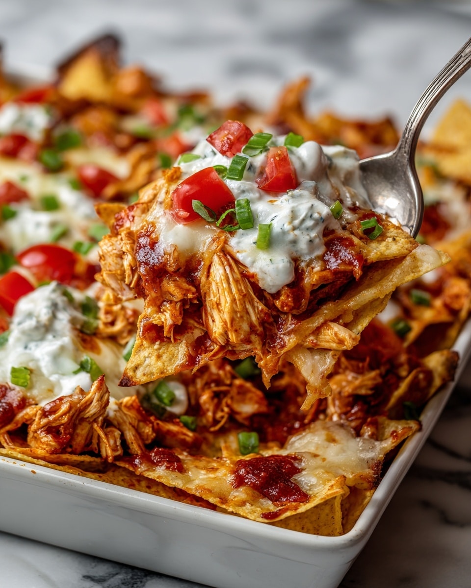 A close-up shot shows a scoop of layered nachos held by a metal spoon, lifting from a dish filled with similar nachos. The dish has several layers starting with crispy, golden tortilla chips at the bottom and middle, topped with melted white cheese that looks creamy and smooth. Among the layers are pieces of cooked white chicken, mixed with a reddish, thick sauce that covers much of the chips and meat. On top, there are small red tomato pieces and chopped green onions sprinkled for color and texture. The overall look is rich and slightly messy, with different textures from crunchy chips to soft chicken and melted cheese. The background is a white marbled surface with more nachos visible, slightly out of focus. Photo taken with an iphone --ar 4:5 --v 7