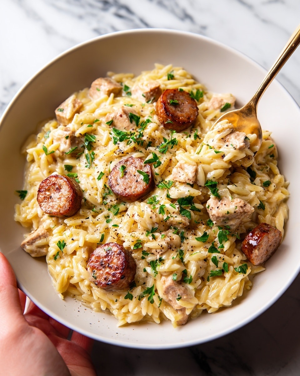 A bowl filled with orzo pasta mixed with pieces of browned sausage and green leafy spinach. The orzo is a light yellow color, coated with a creamy sauce, and mixed evenly throughout the bowl. The sausages are cut into round slices and browned on the edges, placed on top and mixed inside. The spinach adds dark green color spots inside the dish. The bowl itself is white with a slightly speckled texture and a dark rim, sitting on a white marbled surface. photo taken with an iphone --ar 4:5 --v 7