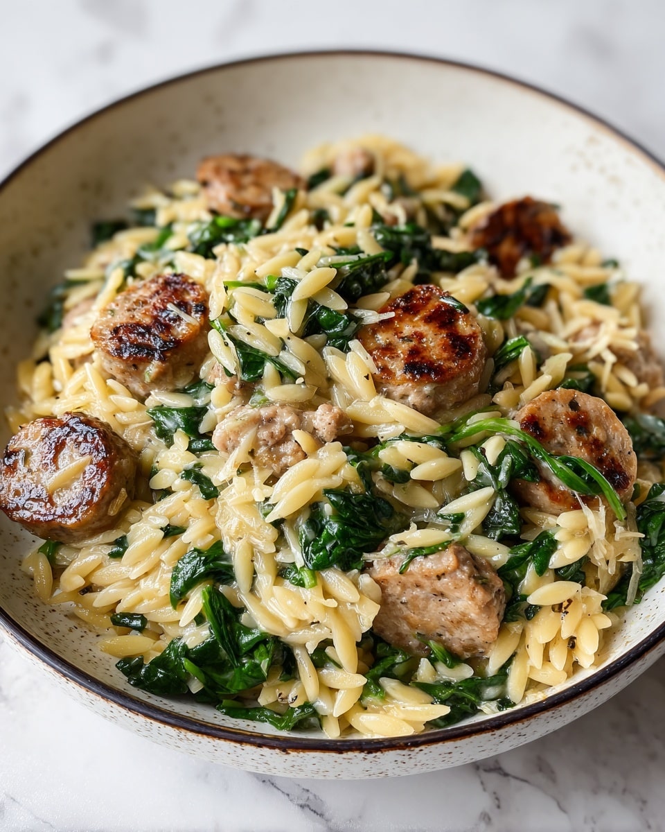 A close-up of a dish served in a round white bowl filled with three main layers: golden-brown round sausage slices on top, light creamy yellow shredded chicken pieces mixed evenly with the sausage, and small short spiral pasta pieces at the bottom. Bright green leafy herbs are spread throughout, adding contrast in color. The pasta looks soft, and the whole dish has a creamy texture with a warm tone. In the background, there is a white marbled surface under the bowl, and a spoon is partially visible inside the bowl. photo taken with an iphone --ar 4:5 --v 7