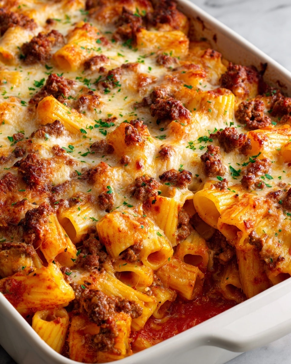 The image shows a close-up of a baked pasta dish in a white tray. The bottom layer is a rich red tomato sauce, evenly spread. On top, there is a layer of cooked rigatoni pasta, arranged closely, with pieces of browned ground meat scattered evenly across. The top layer is melted cheese, lightly browned with spots of golden color, and sprinkled with chopped green herbs for freshness. The textures look soft and slightly crispy on top. Photo taken with an iphone --ar 4:5 --v 7