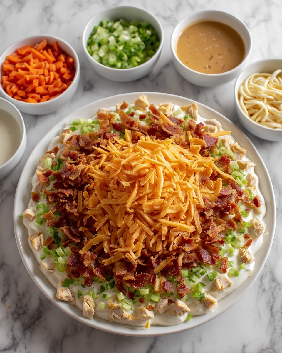 The image shows a white plate with a layered dish starting with a base of cooked chicken chunks, topped evenly with crispy bacon bits. Above the bacon is a smooth, creamy white layer of homemade cream of chicken mixed with cream cheese and milk. In the middle, there is a scattered bright green layer of finely chopped green onion and celery. On top of this, there is a thick, shredded orange layer of cheddar cheese covering the dish. Surrounding the plate are small white bowls filled with raw carrots, ranch dressing, chicken stock, and uncooked noodles, all arranged neatly on a white marbled surface. The photo taken with an iphone --ar 4:5 --v 7