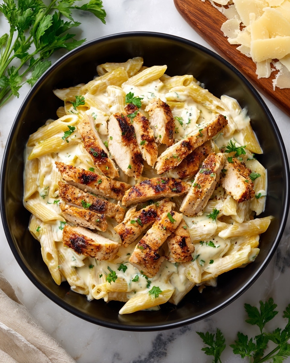 The dish shows a black bowl filled with two main layers. The bottom layer is light yellow penne pasta coated lightly with creamy white sauce, with a smooth and shiny texture. On top, the second layer has several pieces of grilled white chicken strips with golden-brown grill marks and light seasoning of black pepper and small bits of green herbs scattered over. The bowl is placed on a wooden board with a gray cloth nearby, all set against a white marbled surface. Photo taken with an iphone --ar 4:5 --v 7