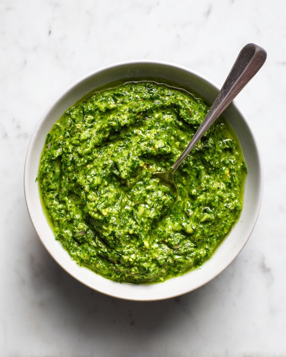A white bowl filled with a thick, chunky green sauce that has a rough texture and small bits of herbs throughout. The green mixture looks fresh and vibrant, piled slightly in the middle with uneven swirls. A shiny metal spoon rests inside the bowl, its handle extending out towards the top right corner. The bowl sits on a white marbled surface that adds a clean, bright background. photo taken with an iphone --ar 4:5 --v 7