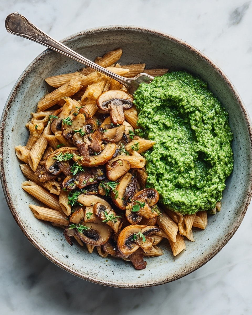 A rustic bowl holds a dish with two main layers: the bottom layer is light brown penne pasta mixed with sautéed sliced mushrooms that have a golden-brown sear and some green herb sprinkles; next to this is a thick, bright green pesto-like sauce with a coarse texture. The bowl is speckled gray ceramic with an uneven rim, placed on a white marbled surface. A silver fork rests inside the bowl, angled towards the top left. photo taken with an iphone --ar 4:5 --v 7