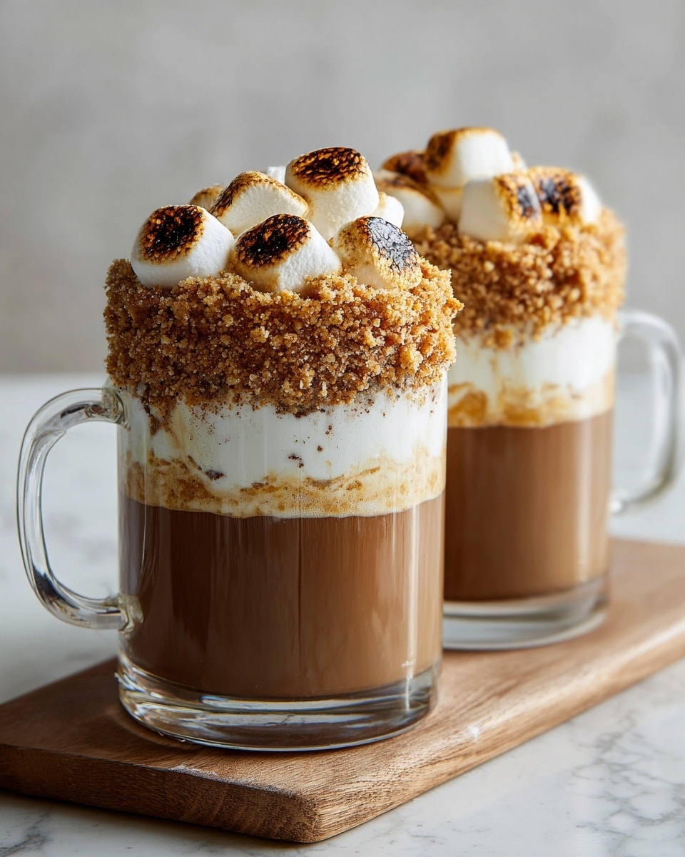 Two glass mugs filled with three layers each are placed on a wooden board over a white marbled surface. The bottom layer is a smooth brown liquid, the middle layer is a thin white cream that slightly mixes into the brown, and the top layer is a thick coat of crushed light brown crumbs. On top of the crumbs, there are several toasted marshmallows that are white with golden brown toasted spots. The mugs have clear glass handles and the background is softly blurred. photo taken with an iphone --ar 4:5 --v 7