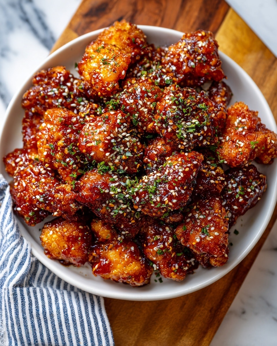 A white plate filled with a thick layer of small, crispy fried golden brown chicken pieces coated in a sticky, shiny glaze. The chicken is sprinkled with small sesame seeds and finely chopped green herbs, adding spots of white and green on top. Around the edges of the chicken pile, there are bright yellow lemon wedges and green parsley leaves for garnish. The plate sits on a white marbled surface, making the colors of the food stand out clearly. photo taken with an iphone --ar 4:5 --v 7