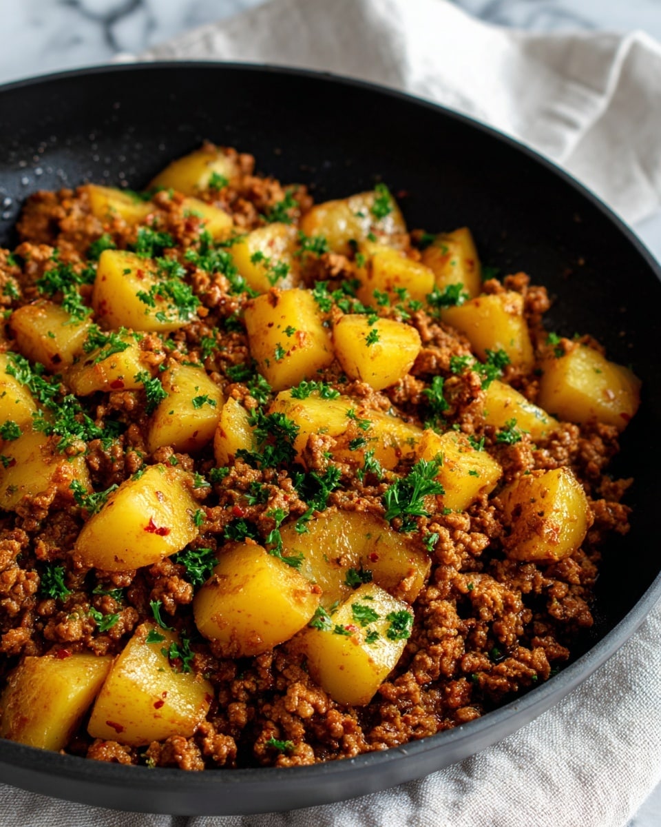 The dish shows a close-up view of cooked ground meat with golden brown potato chunks mixed in a deep textured black bowl. The potatoes have a slightly crispy look with light browning and are scattered evenly through the small, crumbly meat pieces. Small green parsley bits are sprinkled over the top, adding a fresh accent. The bowl sits on a wooden table, and a blurred bowl of fresh green herbs is seen in the background. The overall colors are warm browns and yellows with a pop of green. photo taken with an iphone --ar 4:5 --v 7