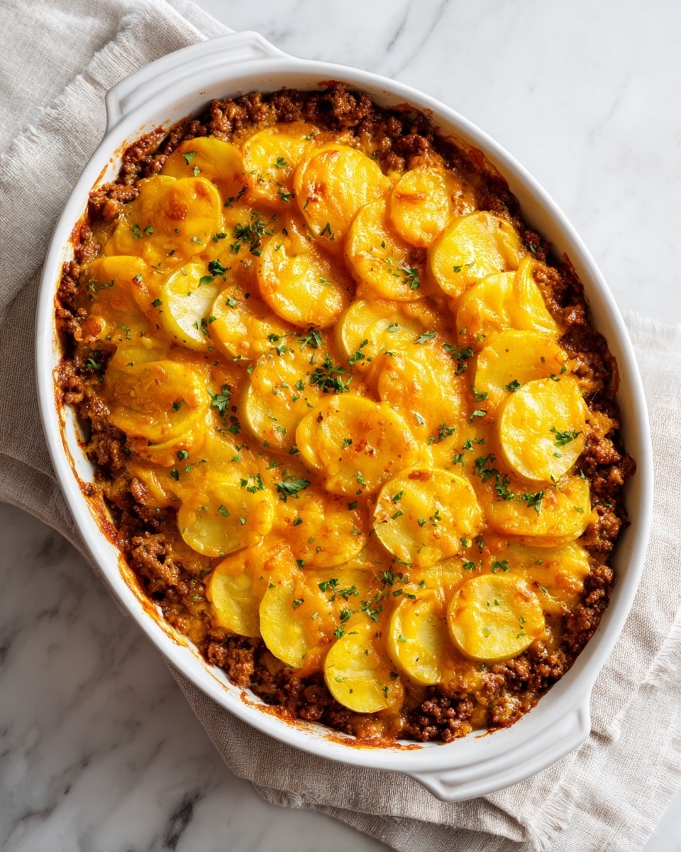 The image shows a black skillet with a cooked dish inside. The dish has three main layers: a bottom layer of small, golden-brown potato cubes with skin on, a middle layer of browned ground meat mixed with bits of pink ham or sausage, and a melted cheese layer on top that is white with some yellow-orange spots. The cheese covers most of the dish but still lets the potatoes and meat show through. Small green herbs are sprinkled over the whole dish. The skillet is placed on a white marbled surface with a bunch of green parsley leaves nearby. Photo taken with an iphone --ar 4:5 --v 7