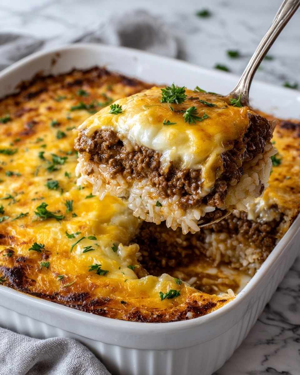 A close-up of a white plate holds a layered dish with three main visible layers: the bottom layer is soft white rice, the middle layer is seasoned cooked ground meat in a rich brown color mixed with bits of rice, and the top layer is melted cheese that is golden and slightly crispy on the edges with some white stretches. Small green herbs are sprinkled on top, adding a fresh detail. A metal fork is gently pressing into the side of the dish on the plate, which sits on a white marbled surface. Photo taken with an iphone --ar 4:5 --v 7