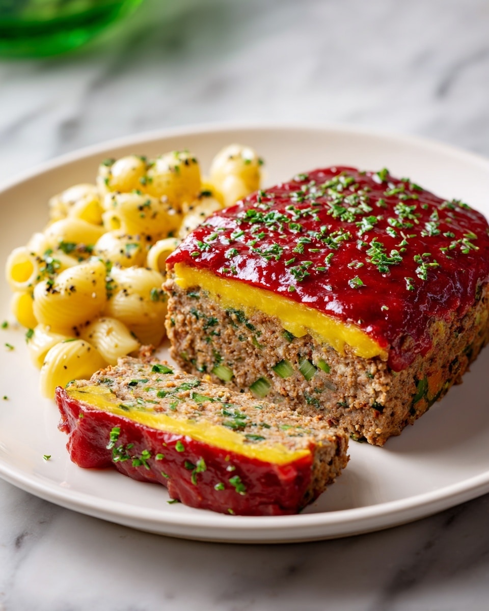 The image shows a close-up view of a thick layered slice of lasagna resting on a white plate over a white marbled surface. The bottom layer is rich red tomato sauce that pools slightly around the lasagna. Above it, there are layers of ground meat mixed with bits of green spinach, creating a textured brown and green middle section. Above the meat, there are thick strands of melted white cheese stretching downward, connecting the top and the middle layers, which add a gooey look. The top layer is golden brown melted cheese sprinkled with fresh green basil pieces, with a slightly bubbly and smooth texture. The photo taken with an iphone --ar 4:5 --v 7