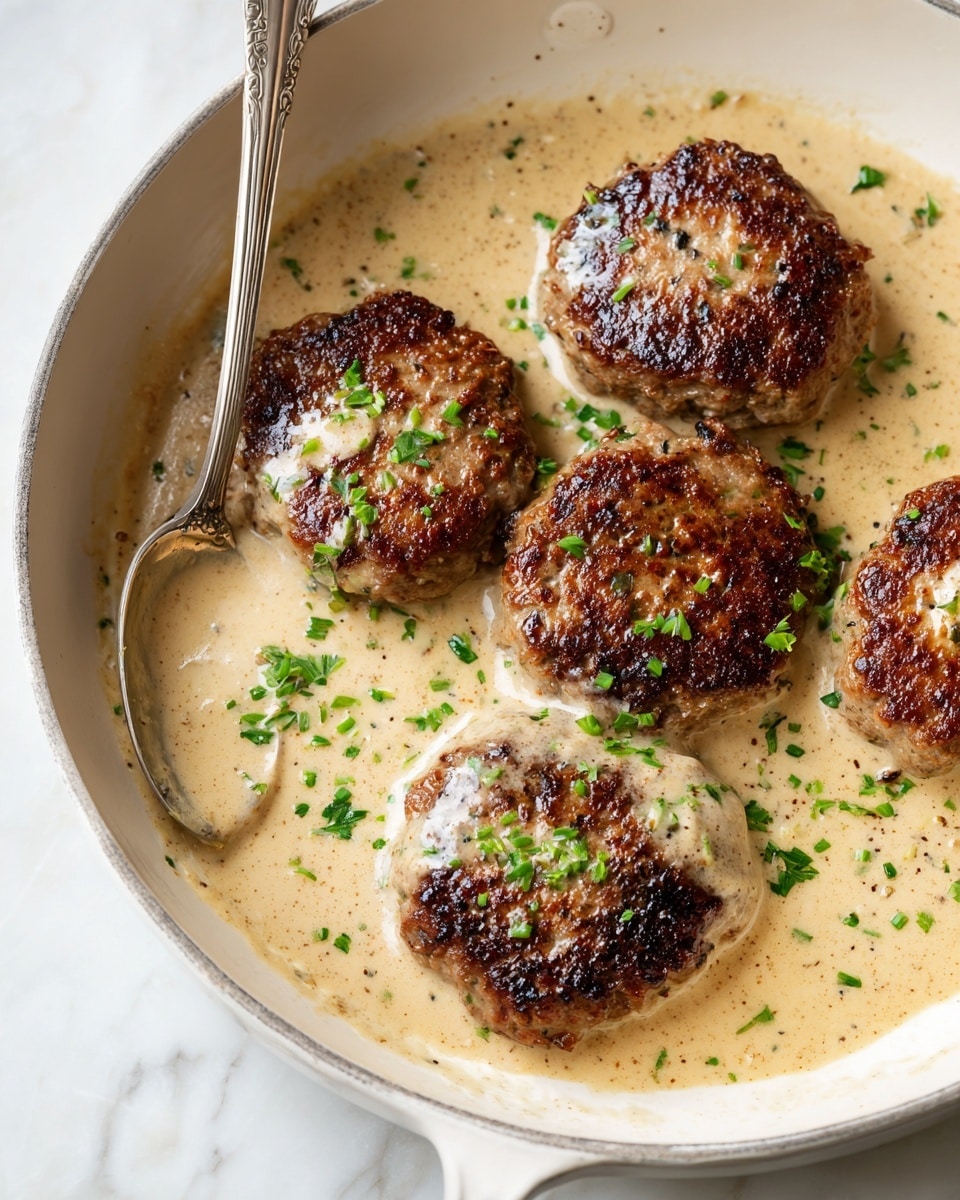 A white pan holds four browned meat patties in a creamy light beige sauce that fills the pan with a smooth texture. Each patty has a dollop of thick cream sauce on top with small green herb leaves sprinkled around and on the meat, adding a touch of color. The pan rests on a wooden surface, which can be replaced by white marbled texture as per instructions. The meat patties have a slightly rough texture with dark brown grill marks and the sauce appears creamy with visible specks of seasoning, creating a rich and hearty visual. photo taken with an iphone --ar 4:5 --v 7