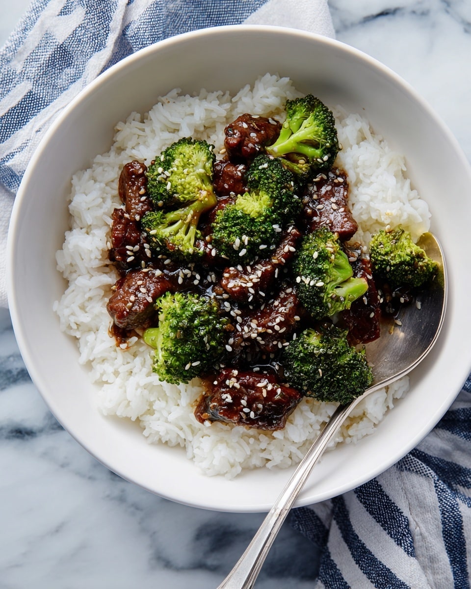 The image shows a black cooking pan filled with cooked ground meat pieces mixed with bright green broccoli florets. The meat looks browned and juicy with a slightly glossy, rich brown sauce coating the pieces, while the broccoli pieces are vibrant and tender, scattered evenly across the pan. The pan is placed on a white marbled surface with a blue and white striped cloth partially visible below it. In the top right corner, there is a small white bowl containing black and white sesame seeds. The setup gives a fresh and warm feeling, with steam gently rising from the food. Photo taken with an iphone --ar 4:5 --v 7