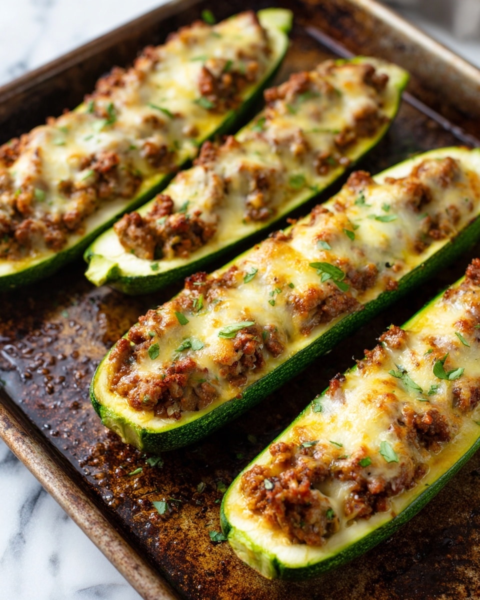 The image shows a baking tray filled with several yellow squash halves, each hollowed out and stuffed with a mix of cooked ground meat, rice, and tomato pieces. The stuffed squash on the right side are topped with melted, slightly browned cheese and sprinkled with thinly sliced green herbs. The squash on the left side have the same stuffing mixture but without cheese, showing more texture from the rice and meat. The tray has some sauce residue around the squash, and the background is a white marbled texture. photo taken with an iphone --ar 4:5 --v 7