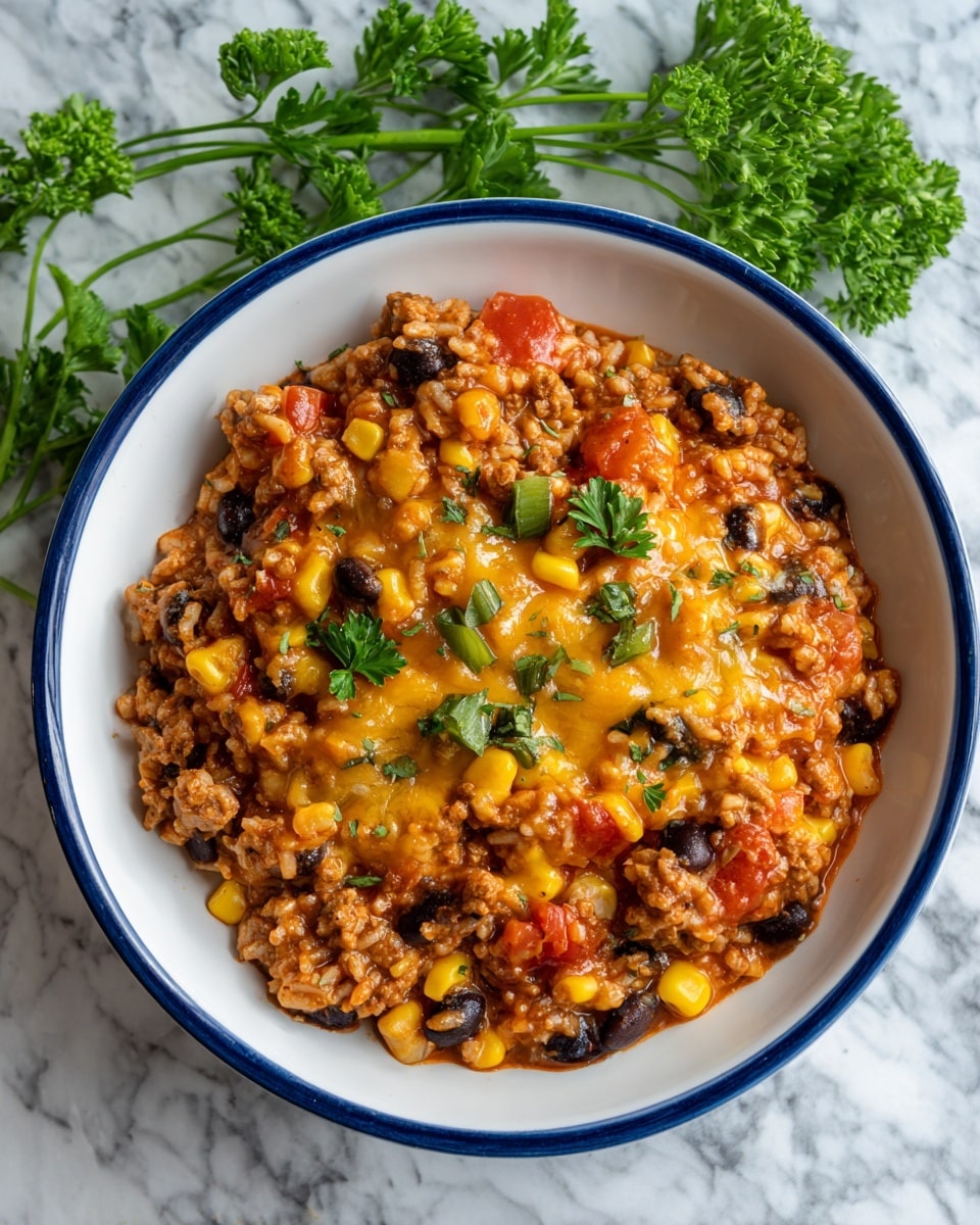 A close-up of a white bowl with a blue rim filled with a colorful mix of cooked rice, ground meat, black beans, corn, diced tomatoes, and melted orange cheese on top. The dish has a moist texture with the melted cheese spread unevenly over the top layer, and small green fresh herb pieces scattered around. The bowl is placed on a white marbled surface with some fresh green herbs blurred in the background. photo taken with an iphone --ar 4:5 --v 7