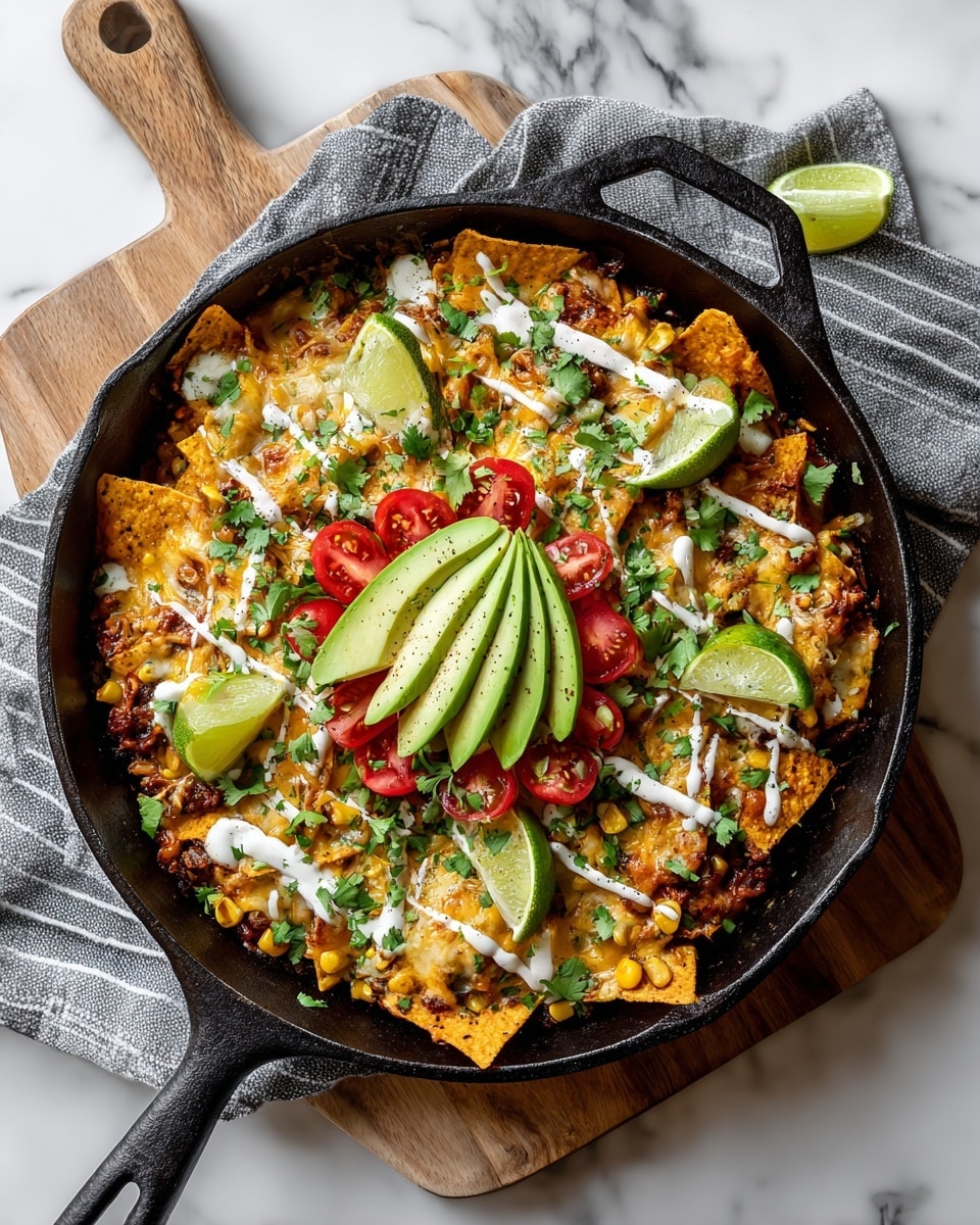A black pan filled with three main layers: the bottom layer is a mix of dark brown cooked ground meat, black beans, yellow corn, small chunks of red and green bell peppers in a thick brown sauce; the middle layer has large, triangular yellow corn chips arranged in a scattered way over the meat mixture; the top layer shows a generous sprinkle of shredded white and pale yellow cheese spread evenly across the chips, with a woman's hand adding more cheese from a clear glass bowl placed above the pan. The pan rests on a white marbled surface with a gray-striped cloth partially visible on the lower right side. Photo taken with an iphone --ar 4:5 --v 7