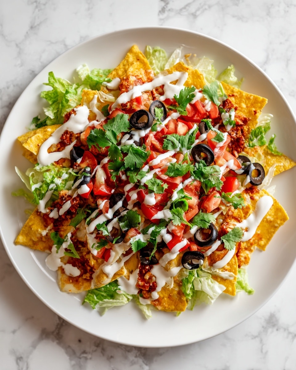 This dish shows a white plate with three main visible layers. The bottom layer is fresh green lettuce, shredded and spread across the plate. The middle layer consists of crispy yellow tortilla chips forming a crunchy base. The top layer is brightly colored with chopped red tomatoes, black olive slices, and fresh green cilantro leaves scattered evenly. White creamy sauce is drizzled over the top, creating thin, smooth lines across the vibrant ingredients. The plate sits on a white marbled surface. Photo taken with an iphone --ar 4:5 --v 7