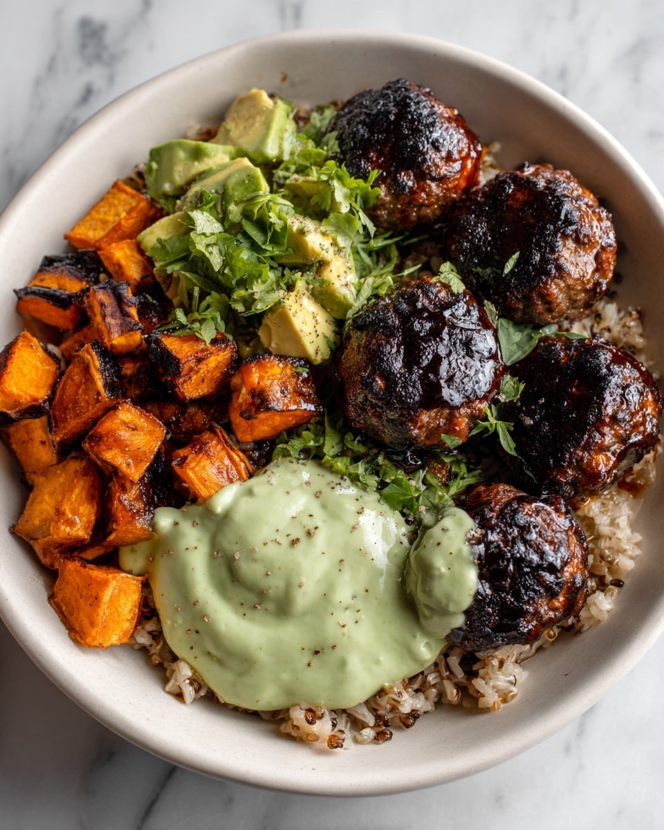 A white bowl on a white marbled surface holds a meal with three main layers: the bottom layer is fluffy light brown rice, covered with a middle layer of bright orange cubed roasted sweet potatoes placed on one side, and the front side is filled with nine glossy dark brown glazed meatballs with a slightly charred texture. A thick, creamy green sauce is drizzled over the meatballs and slightly over the sweet potatoes, adding contrast to the dish. The photo taken with an iphone --ar 4:5 --v 7
