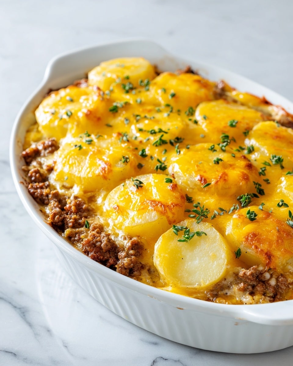This close-up shows a layered potato casserole in a round white dish on a white marbled surface. The bottom layer has small pieces of cooked ground meat in a brown color. Above it, there is a thick layer of thinly sliced yellow potatoes, slightly browned on edges. The top layer is melted cheese in bright orange with some browned spots, covering the potatoes and meat. Sprinkled green herbs are scattered on top, adding fresh color contrast. The surface looks cheesy and slightly crispy. Photo taken with an iphone --ar 4:5 --v 7