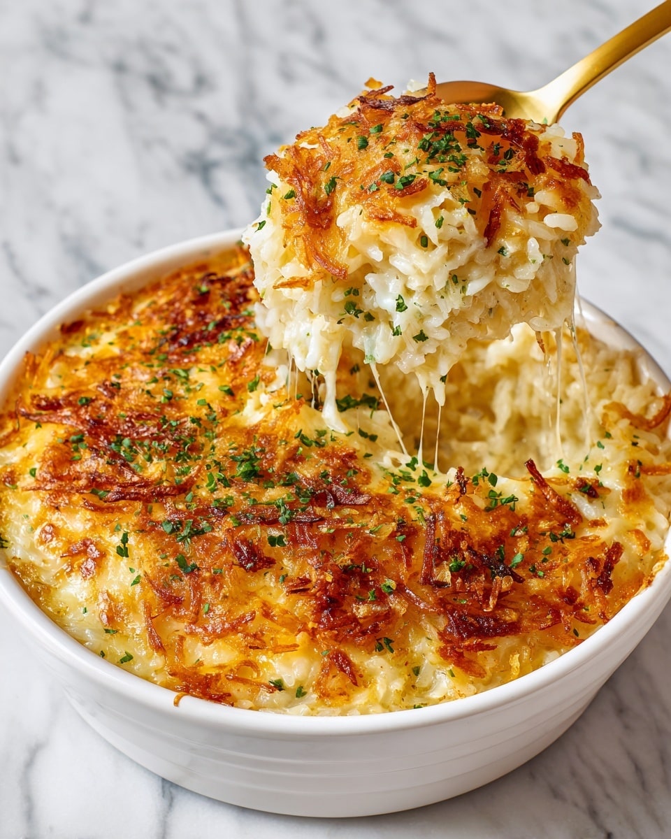 A white round dish holds a creamy baked rice casserole with three visible layers: the bottom layer is soft, sauce-covered rice with a light beige color; the middle layer shows gooey melted cheese stretching as it is lifted; the top layer is a crispy, golden-brown fried onion topping sprinkled with small green herb pieces. The background is a white marbled texture, and a gold spoon lifts a portion from the dish. Photo taken with an iphone --ar 4:5 --v 7