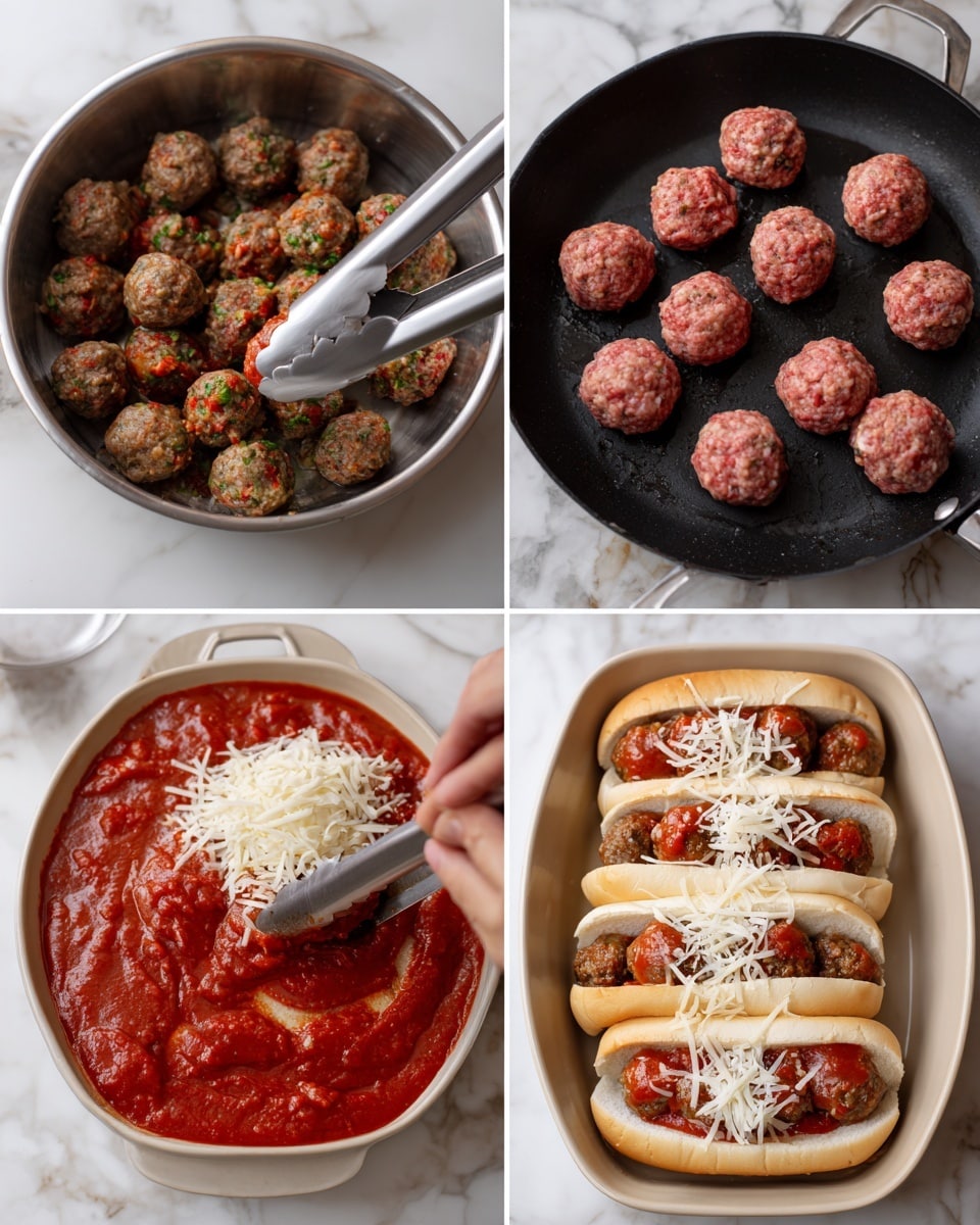 The image shows a step-by-step visual guide to making meatball sandwiches. The first layer is a metal bowl filled with mixed raw meatballs that have red, green, and white colors, being held above by silver tongs. The second layer shows bright pink raw meatballs placed evenly on a black frying pan with a bit of oil. The third layer reveals the meatballs browned well on all sides, still in the pan. The fourth layer shows the cooked meatballs covered in thick, smooth, and shiny red tomato sauce inside the pan. The fifth layer displays three white sandwich rolls placed in a beige baking dish, each filled with the saucy meatballs as a base layer. The sixth layer adds a spoon spreading extra tomato sauce on top of the meatballs in the rolls. The seventh layer shows a woman's hand sprinkling shredded white mozzarella cheese over each sandwich. The final layer displays the sandwiches baked with the cheese melted and slightly browned on top, with some melted cheese stretching. The setting has a white marbled surface under the beige dish holding the sandwiches. Photo taken with an iphone --ar 4:5 --v 7