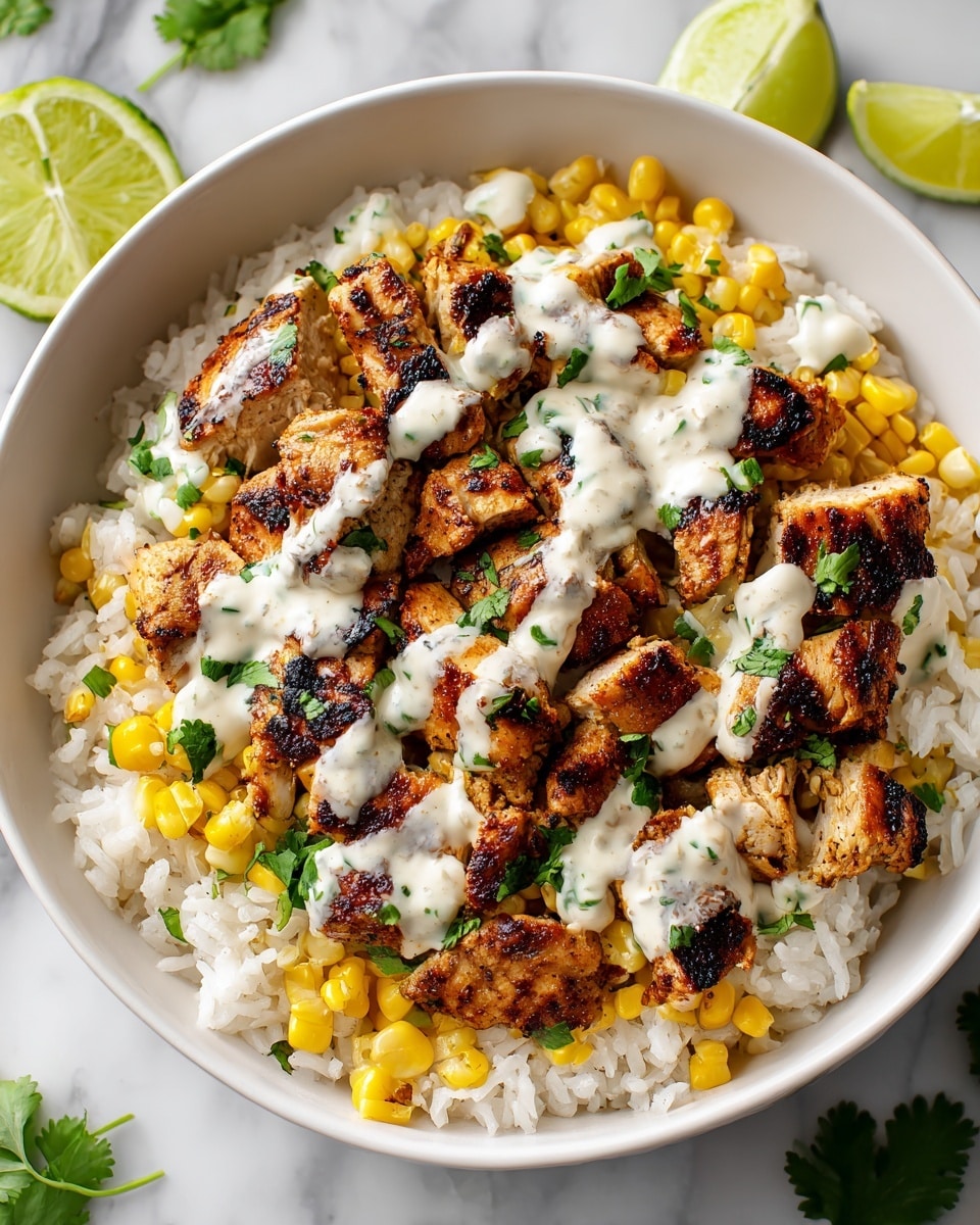 A white bowl filled with a base layer of fluffy white rice, topped with a layer of bright yellow corn kernels scattered around. On top, there are many pieces of grilled chicken with a golden-brown color and some charred edges. The chicken is drizzled with a creamy white sauce mixed with green herbs, and fresh green cilantro leaves are sprinkled on top and around the dish. The bowl sits on a white marbled surface with lime wedges and cilantro leaves partially visible in the background. photo taken with an iphone --ar 4:5 --v 7
