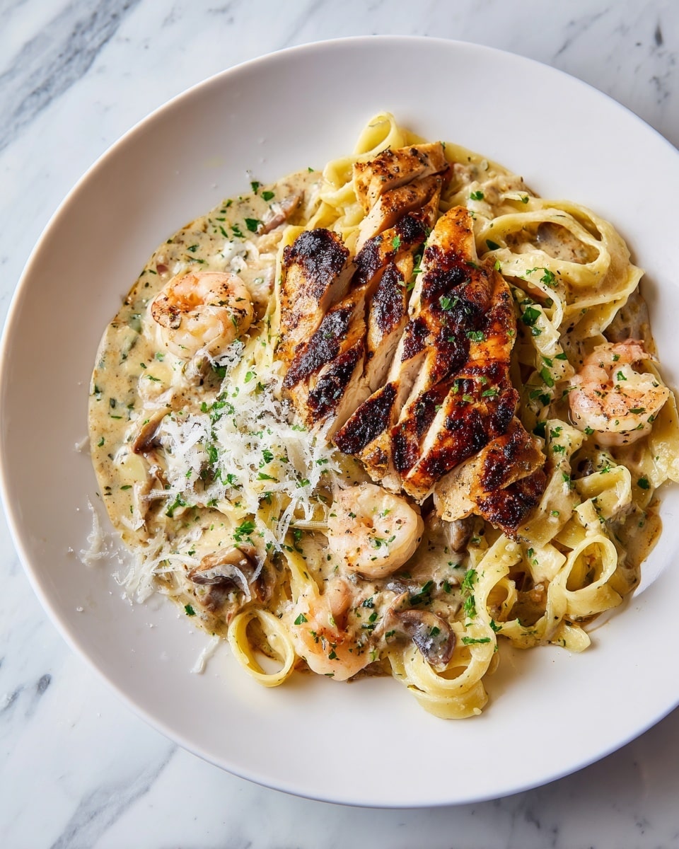 A white plate on a white marbled surface holds a serving of fettuccine pasta coated in a creamy, light brown sauce with visible herbs. On top of the pasta lies a large piece of grilled chicken, which is dark brown with grill marks and seasoned with herbs and spices, sliced partially into thick pieces. Small shrimp pieces are mixed into the pasta around the chicken. The dish is sprinkled with finely grated cheese and chopped fresh herbs, adding green and white details. A woman's hand is holding the edge of the plate. Photo taken with an iphone --ar 4:5 --v 7
