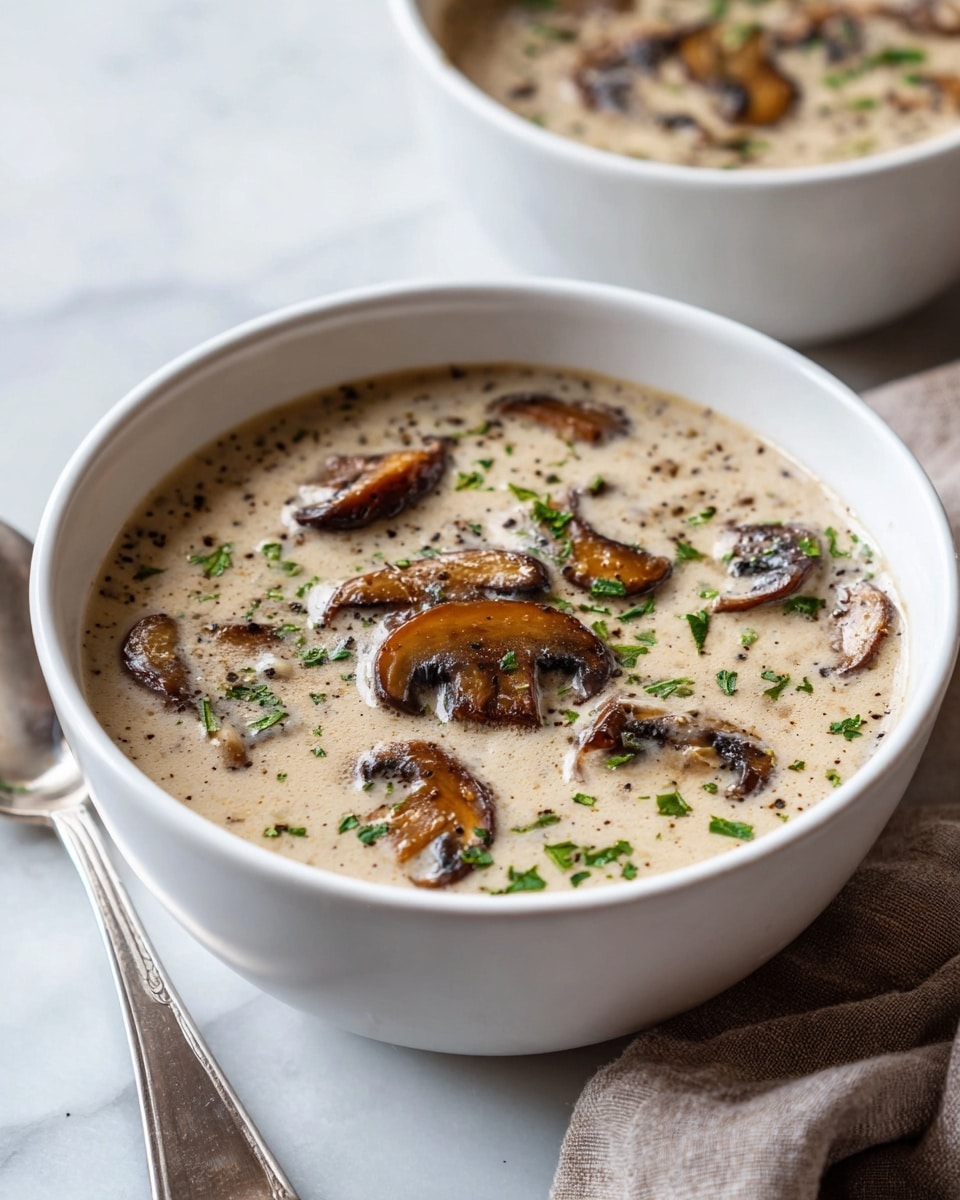 A white bowl filled with creamy mushroom soup showing two clear layers: a smooth light beige creamy base and a top layer with browned sautéed mushroom slices and small green parsley pieces scattered evenly. The bowl sits on a white marbled surface with a soft cloth in light brown colors on the side and a silver spoon next to the bowl. The soup looks thick and warm, with visible bits of mushrooms slightly sticking out from the liquid. Photo taken with an iphone --ar 4:5 --v 7
