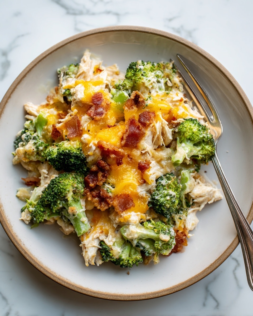 On a white plate with a light brown rim, there is a dish made of shredded white chicken mixed with bright green broccoli florets. The broccoli and chicken are topped with melted yellow cheese, which looks soft and creamy. Small bits of brown, crispy bacon are scattered among the layers. A silver fork lies on the edge of the plate, resting on the white marbled surface underneath. The colors stand out clearly with the white plate background and the fresh textures of the broccoli and cheese are very visible photo taken with an iphone --ar 4:5 --v 7