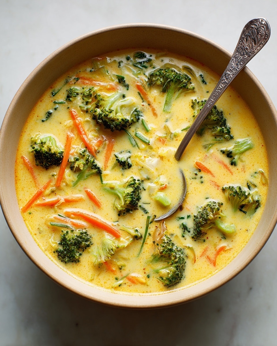A beige bowl filled with creamy yellow soup that has visible pieces of bright green broccoli florets and thin orange carrot strips mixed throughout. The soup looks smooth and thick, covering the vegetables but allowing their shapes and textures to be seen clearly. A detailed silver spoon rests inside the bowl on the right side, partially submerged in the soup. The bowl sits on a white marbled surface with soft natural lighting highlighting the warm colors of the dish. photo taken with an iphone --ar 4:5 --v 7