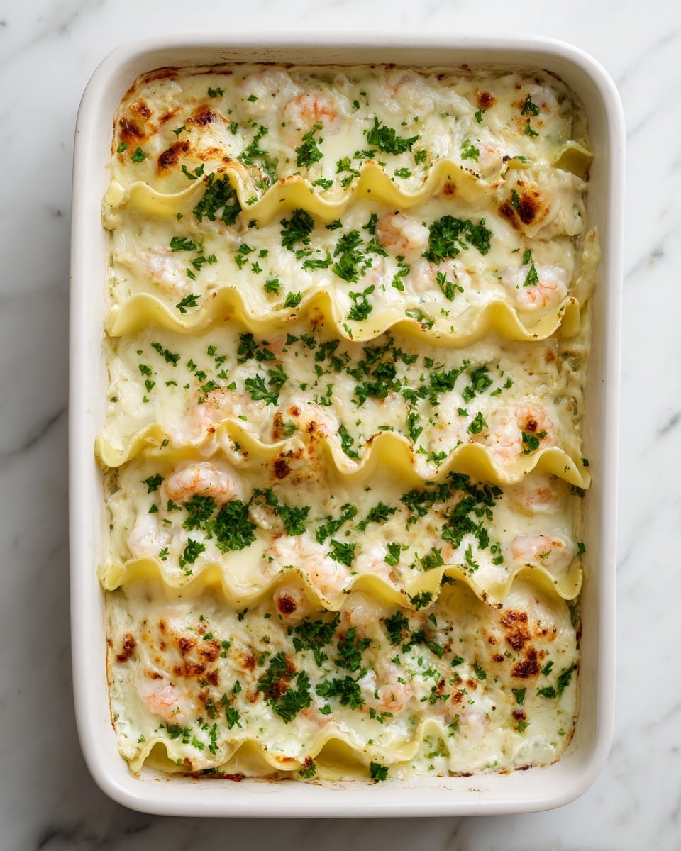 The dish shows a white baking dish filled with three wide, wavy lasagna noodles on top, each covered with a melted, browned layer of creamy white sauce and scattered green herbs. Underneath the noodles, visible creamy white sauce and small pieces of shrimp add a pinkish color mixed with the sauce. On top of the lasagna noodles, green parsley leaves are placed for garnish. The whole dish rests on a white marbled surface, and there is a slight shine on the cheese showing its melted texture. photo taken with an iphone --ar 4:5 --v 7
