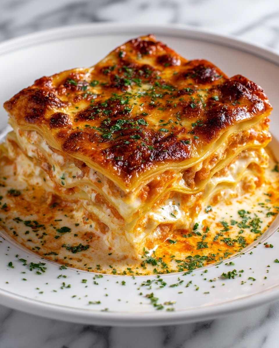 A thick square piece of lasagna sits on a white plate, showing five visible layers of wide pasta sheets alternating with creamy orange and white cheese mixtures and small shrimp pieces. The top layer is covered with golden-brown melted cheese that looks bubbly and slightly crispy, sprinkled with small green herbs. Around the lasagna on the plate are some scattered herbs. The plate is on a white marbled surface. Photo taken with an iphone --ar 4:5 --v 7