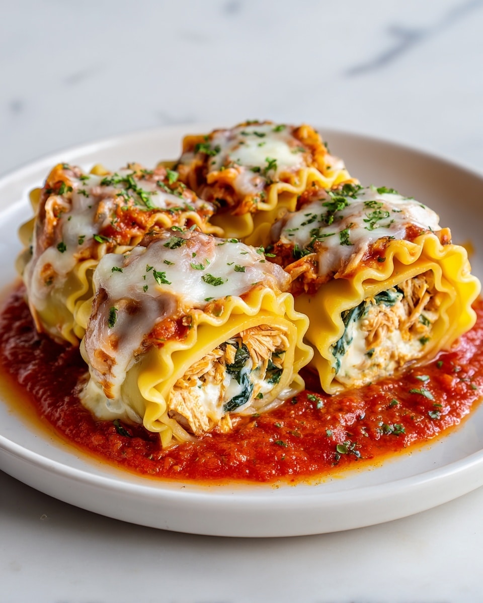 Three rolled lasagna pieces sit on a white plate over a layer of chunky red tomato sauce, each roll showing multiple layers: a yellow pasta sheet with ruffled edges, a creamy white and green spinach cheese mixture filling, and a light brown shredded chicken center. The rolls are topped with melted white cheese and sprinkled with small green herb bits. The white marbled surface beneath the plate adds a clean, bright contrast, enhancing the warm colors of the dish. photo taken with an iphone --ar 4:5 --v 7