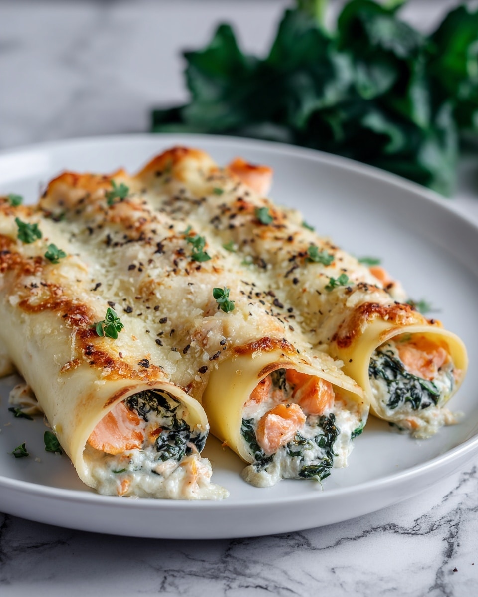 Three rolled pasta cannelloni lay side by side on a white plate, each tube filled with a creamy mixture of white cheese, green spinach leaves, and orange salmon pieces. The top of the cannelloni is covered with a melted, slightly browned layer of cheese sprinkled with small green herb leaves and tiny black pepper flecks. The background shows blurred dark green leafy greens, with the whole scene set on a white marbled surface. photo taken with an iphone --ar 4:5 --v 7