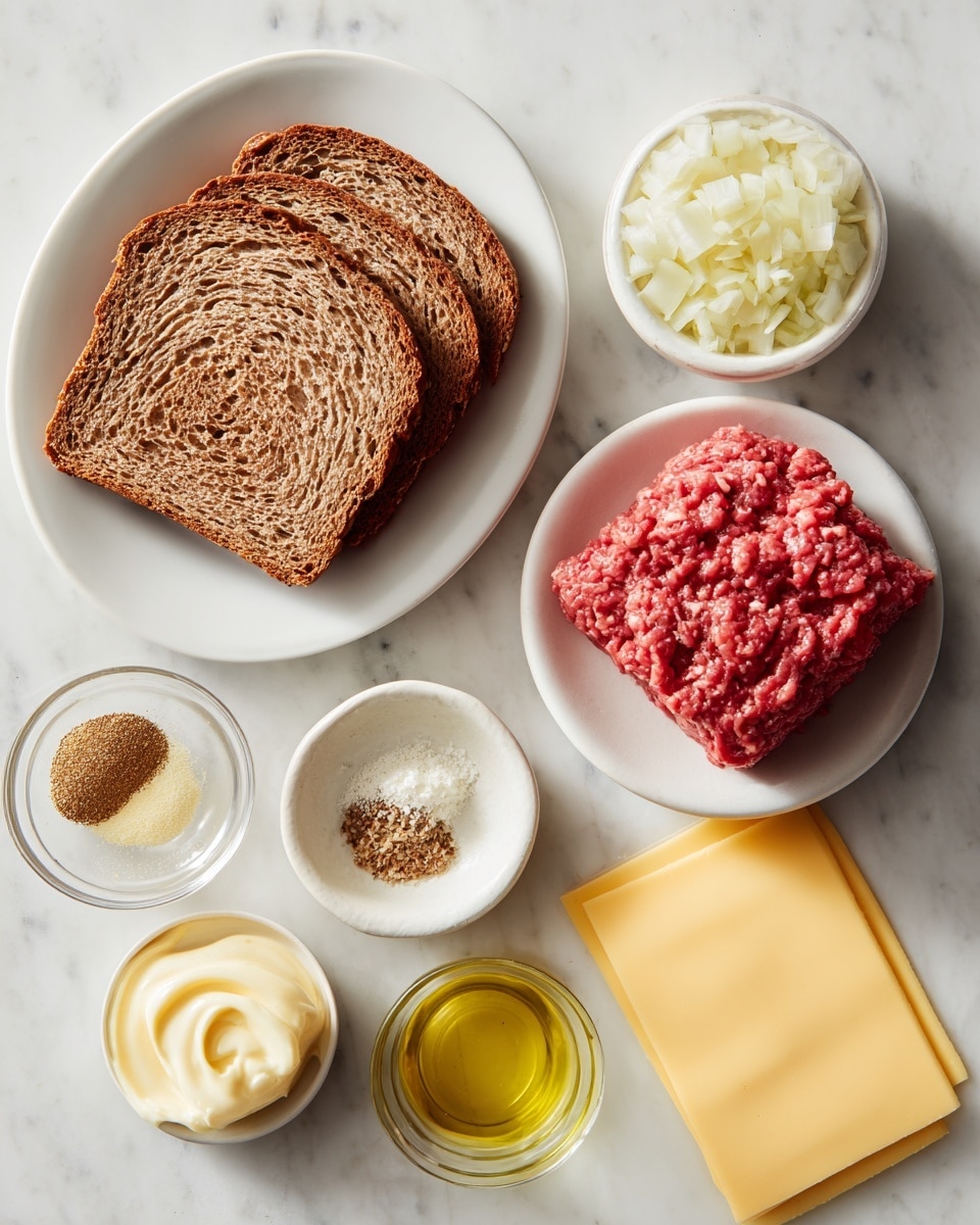 The image shows ingredients arranged neatly on a white marbled surface. On the left is a white plate with three slices of rye bread, showing a light and dark brown swirl pattern. Next to it, there is a pile of raw ground chuck, bright red with a slightly coarse texture. Above the ground chuck are three small bowls: one with creamy white mayonnaise, one with chopped white onion, and one with light brown spices. To the right, there is a small glass bowl of clear neutral oil. Below the ground chuck, there is a stack of two slices of pale yellow cheese labeled as provolone and emmental cheese, and a small slab of light yellow butter. The items are all placed separately, with clean details and soft natural light highlighting their colors and textures. Photo taken with an iphone --ar 4:5 --v 7