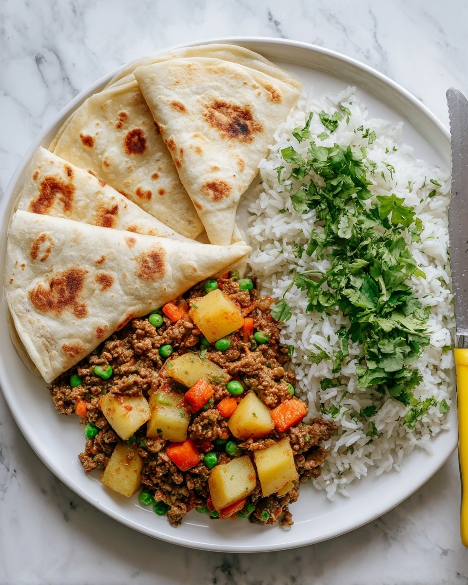 A white plate holds three layers of food arranged side by side on a white marbled surface. The first layer is three folded soft tortillas that are light beige with brown spots from cooking. The second layer is cooked white rice mixed with bits of green herbs, appearing fluffy and light. The third layer is a mixture of cooked ground beef, diced light yellow potatoes, bright orange carrot cubes, and small green peas, topped with fresh bright green cilantro leaves. In the lower right corner, part of a knife with a wooden handle is visible. Photo taken with an iphone --ar 4:5 --v 7