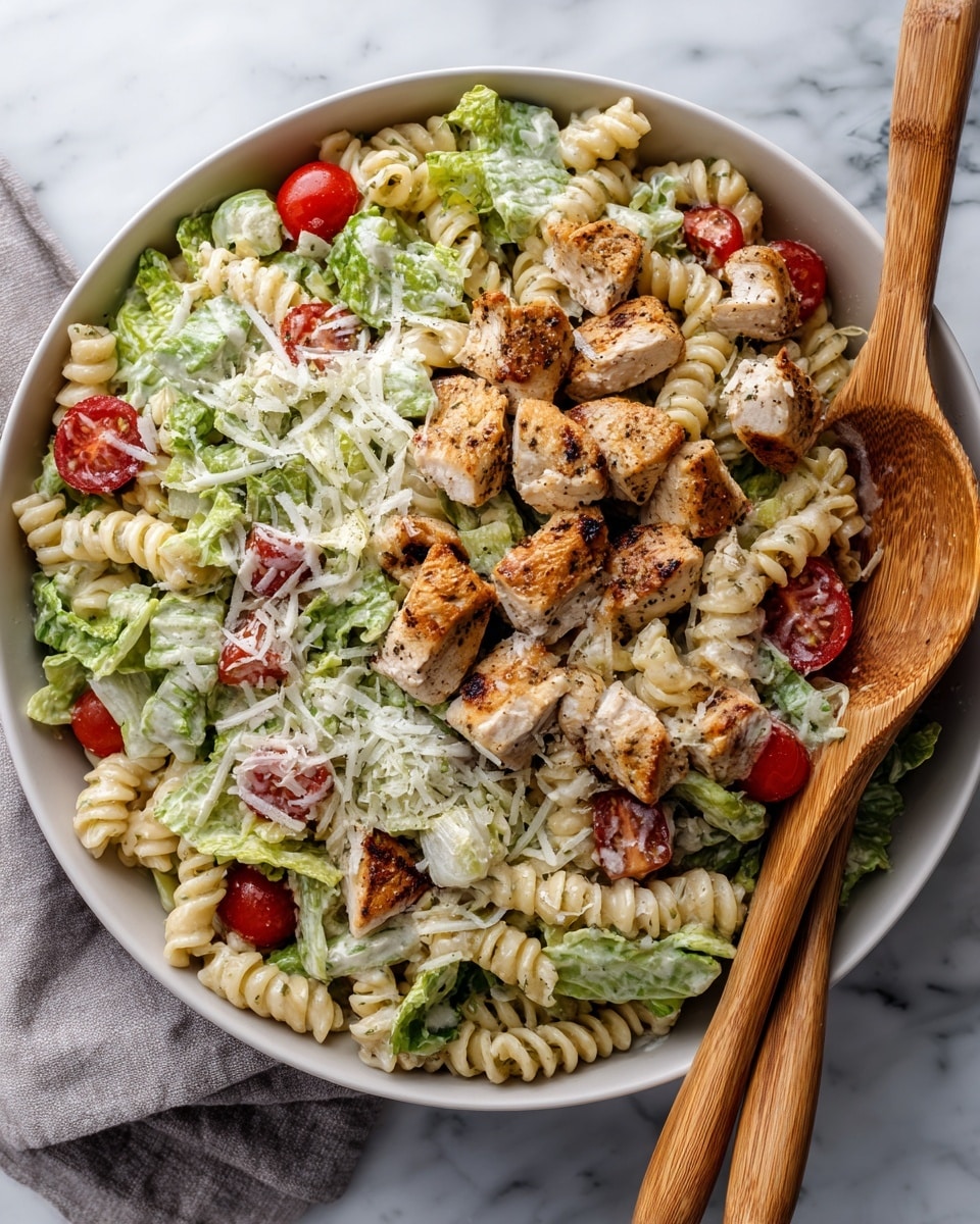 A large white bowl filled with a layered pasta salad, starting with farfalle pasta in pale yellow at the bottom mixed with fresh green lettuce pieces and halved cherry tomatoes in bright red scattered throughout. On top, there are golden brown toasted bread cubes and chunks of light-colored cooked chicken mixed evenly. The salad is lightly coated with a creamy white dressing and sprinkled with small black pepper bits and finely grated white cheese. A wooden spoon rests on one side, partially buried in the salad, all set on a white marbled surface. photo taken with an iphone --ar 4:5 --v 7