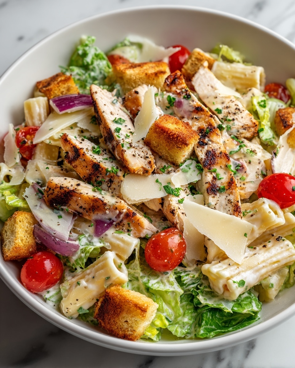 The dish is a fresh salad served in a white bowl on a white marbled surface. The bottom layer is made of green leafy lettuce with varied shades and textures. On top of the lettuce are pale beige short tube pasta mixed with creamy dressing. Scattered across the salad are grilled pieces of light golden chicken with charred brown grill marks, along with crispy, golden-brown croutons. Bright red halved cherry tomatoes add a pop of color, mixed with small slices of purple onion. Thin, light-colored cheese shavings float on top, sprinkled with ground black pepper and finely chopped green herbs. The photo taken with an iphone --ar 4:5 --v 7