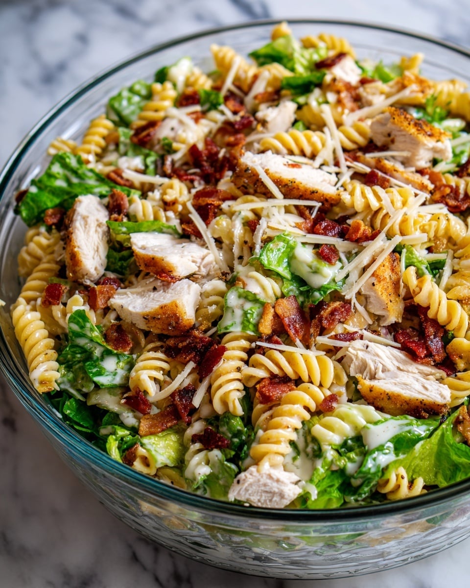A clear glass bowl filled with a colorful pasta salad sits on a white marbled surface. The salad has three main layers: bright yellow pasta twists, fresh green lettuce leaves with creamy white dressing, and chunky pieces of cooked chicken with a light browned edge. Scattered throughout are small red bits of bacon and thin shreds of white cheese, adding small pops of color and texture. The ingredients are mixed together, creating a vibrant, fresh look with a creamy finish, seen from a close-up angle. photo taken with an iphone --ar 4:5 --v 7