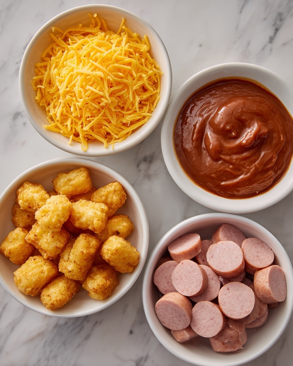 The image shows four white bowls on a white marbled surface, each filled with different foods. The top right bowl holds a reddish-brown thick sauce with a smooth texture. The top left bowl is filled with shredded bright yellow cheese that looks fine and fluffy. The bottom right bowl contains golden, round, crispy tater tots piled up. The bottom left bowl is full of pale pink sliced sausages, each piece oval and smooth. Photo taken with an iphone --ar 4:5 --v 7